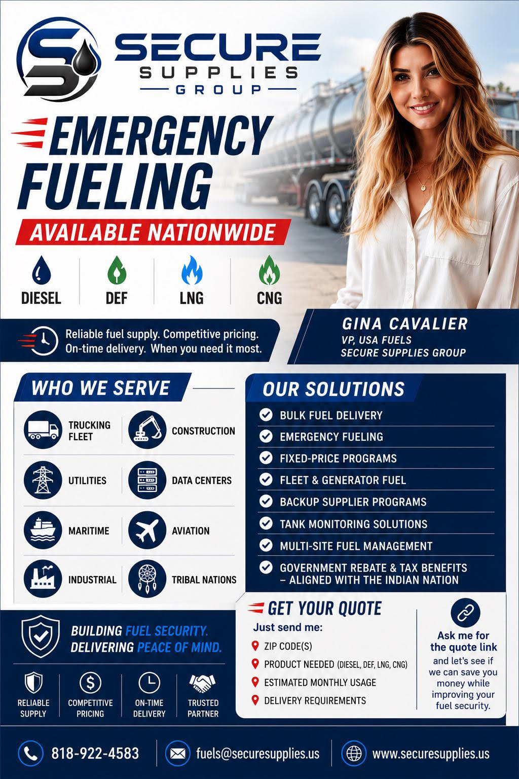 Secure Supplies Emergency Fueling flyer — nationwide diesel, DEF, LNG, and CNG spot orders with Gina Cavalier, VP USA Fuels. Call (818) 922-4583 or email fuels@securesupplies.us.