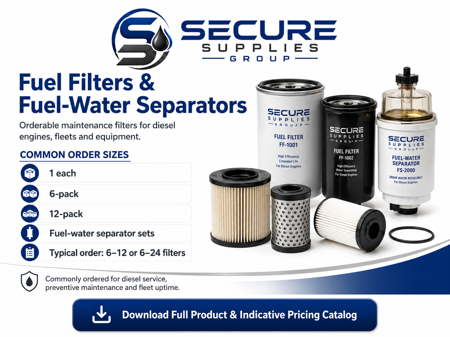 Secure Supplies fuel filters and fuel/water separators for diesel engines.