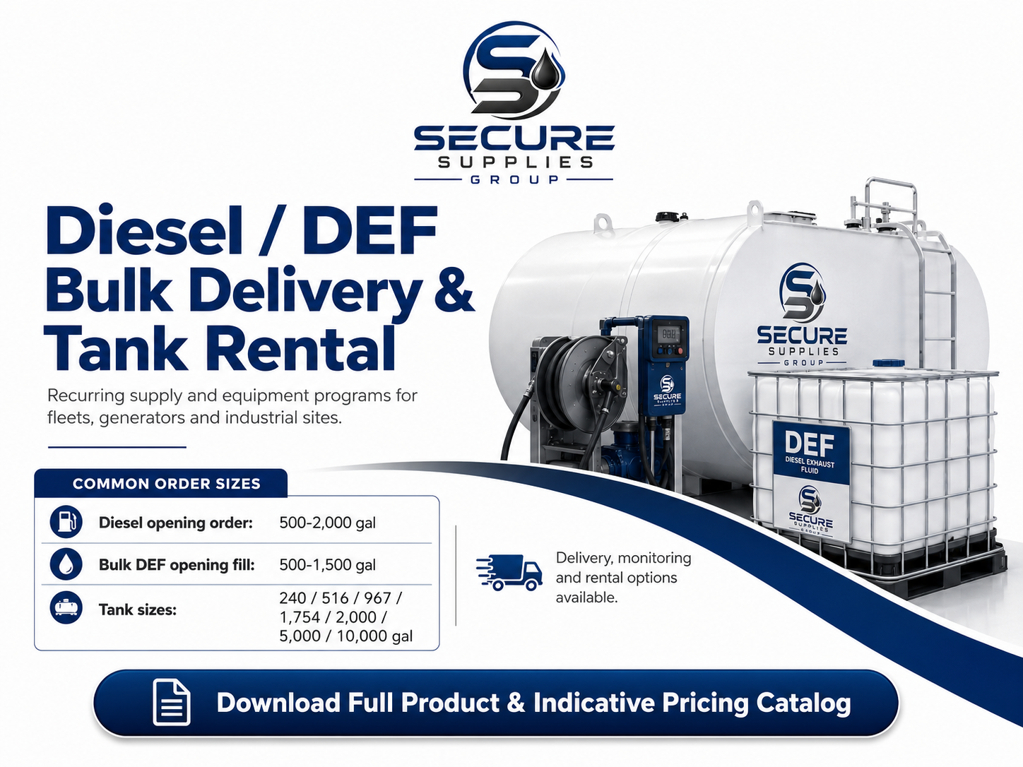 Secure Supplies diesel and DEF bulk delivery and tank rental program — opening orders, fill volumes and tank sizes