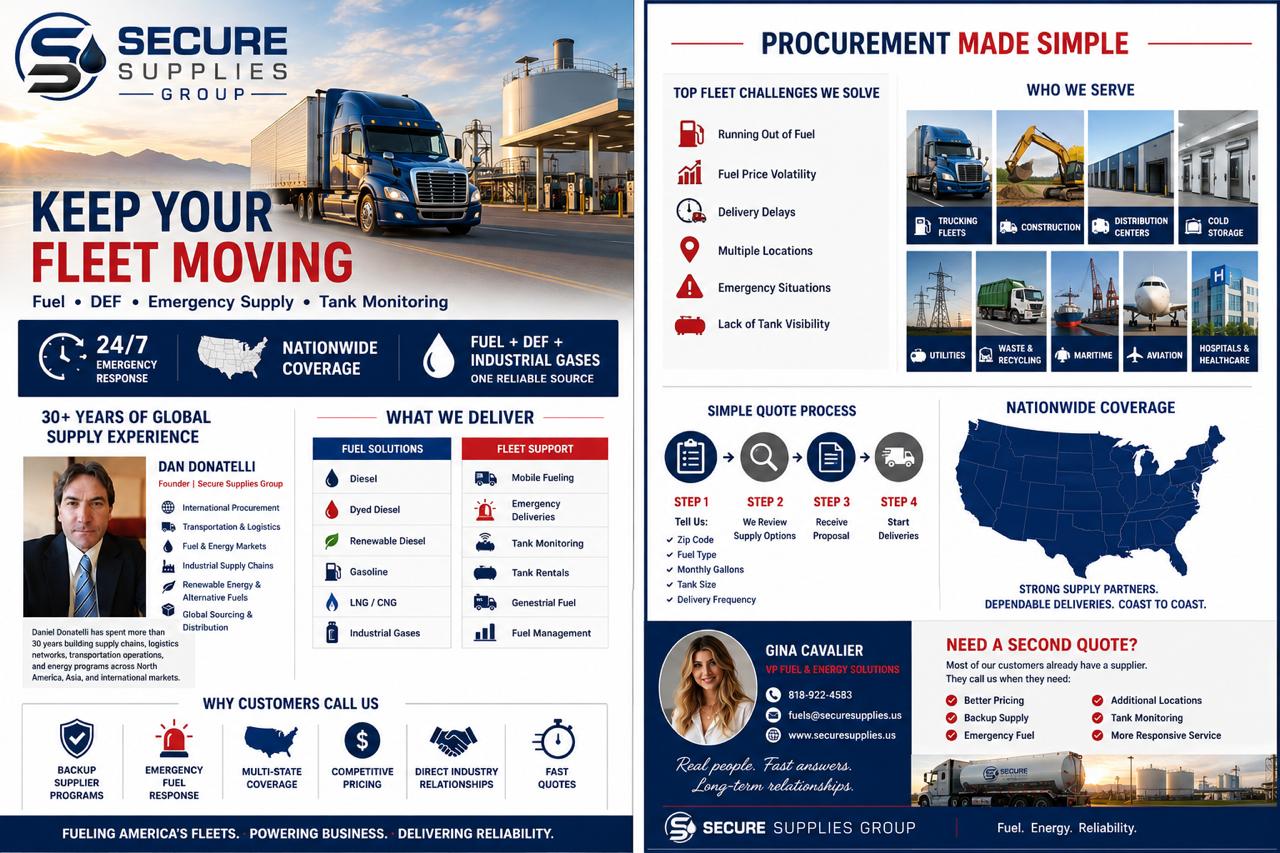 Secure Supplies fleet trucking program — fuel, DEF, emergency supply and tank monitoring with nationwide coverage and a simple quote process