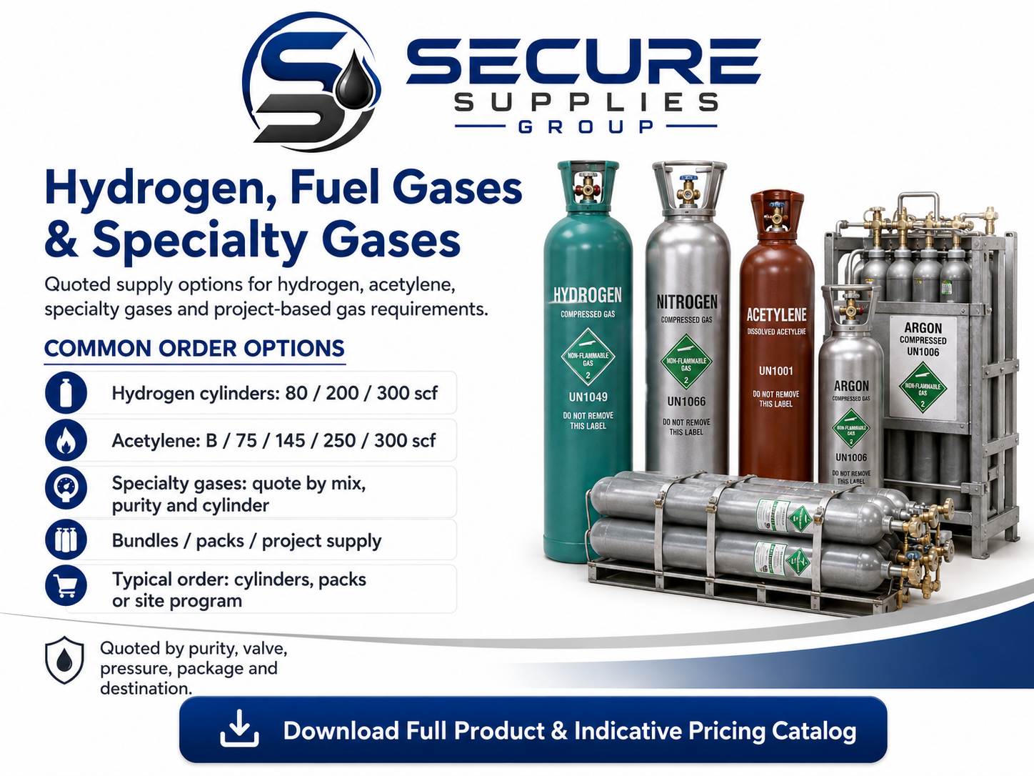 Secure Supplies cylinder, dewar and bulk package options SKU and indicative price sheet