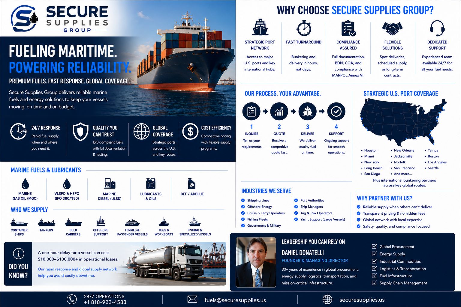 Why choose Secure Supplies for marine fuels and bunkering — strategic U.S. port network, fast turnaround, MARPOL-compliant documentation, flexible supply and 24/7 support