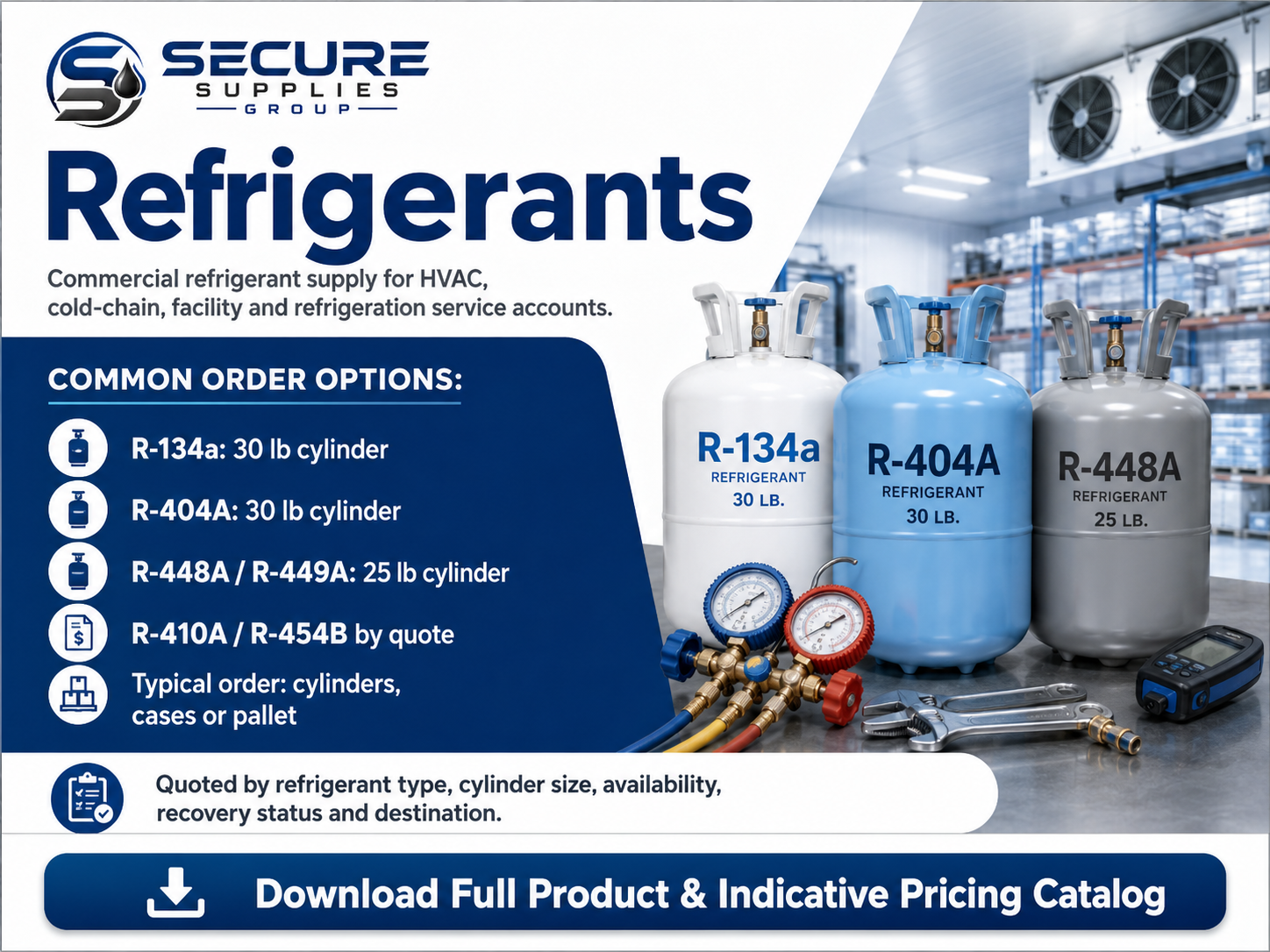 Secure Supplies refrigerants indicative price sheet — R-134a, R-404A, R-448A/R-449A, R-410A and R-454B by cylinder, case or pallet
