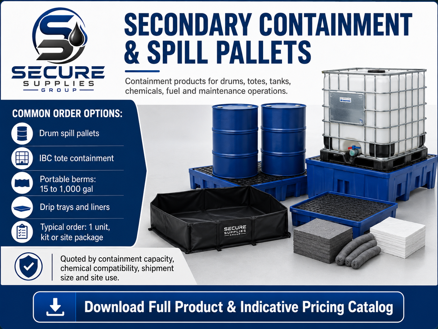 Secure Supplies secondary containment and spill pallets indicative price sheet — drum spill pallets, IBC tote containment, portable berms, drip trays and liners