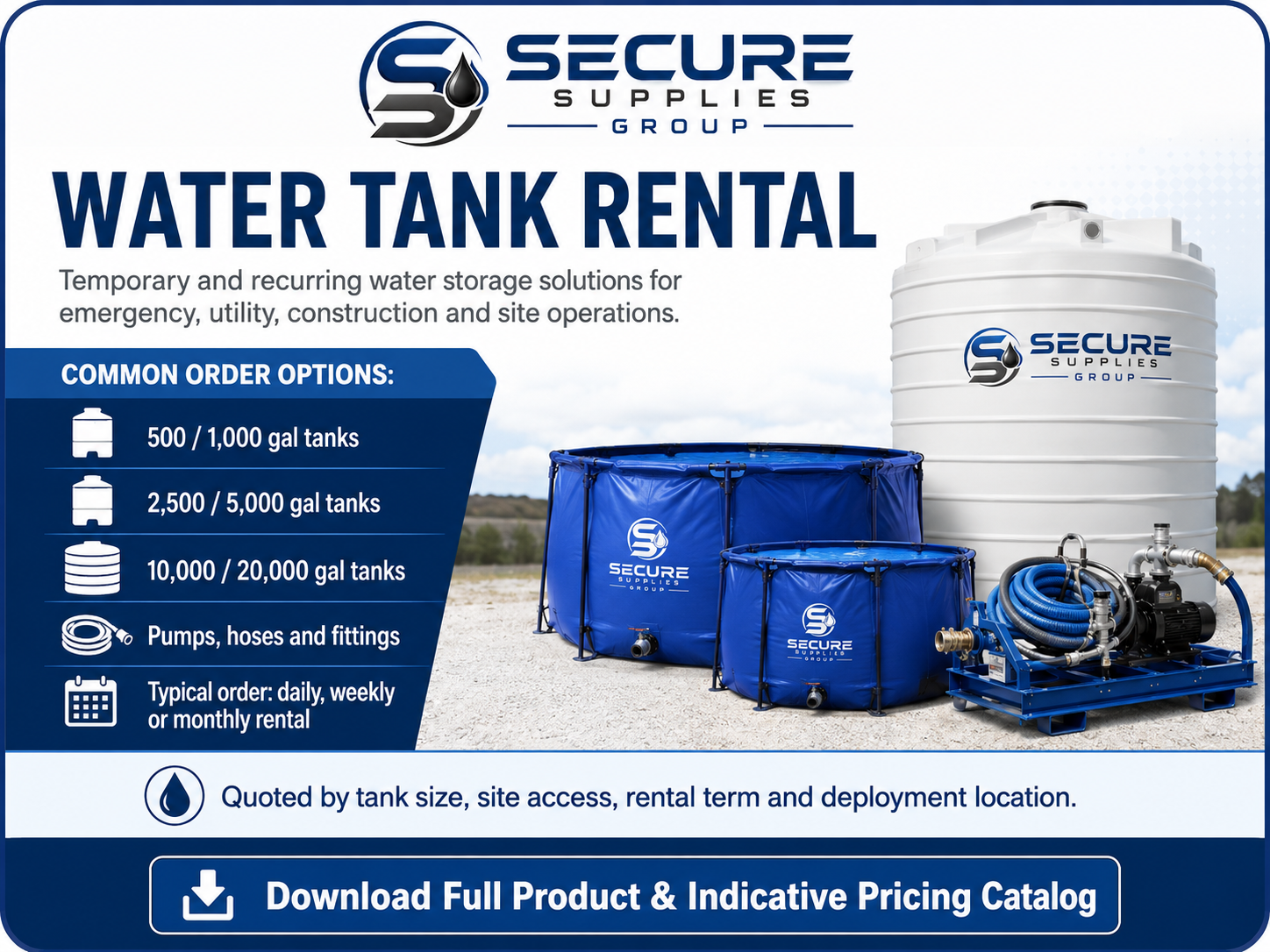 Secure Supplies water tank rental indicative price sheet — 500 to 20,000 gallon tanks, pumps, hoses and fittings on daily, weekly or monthly rental